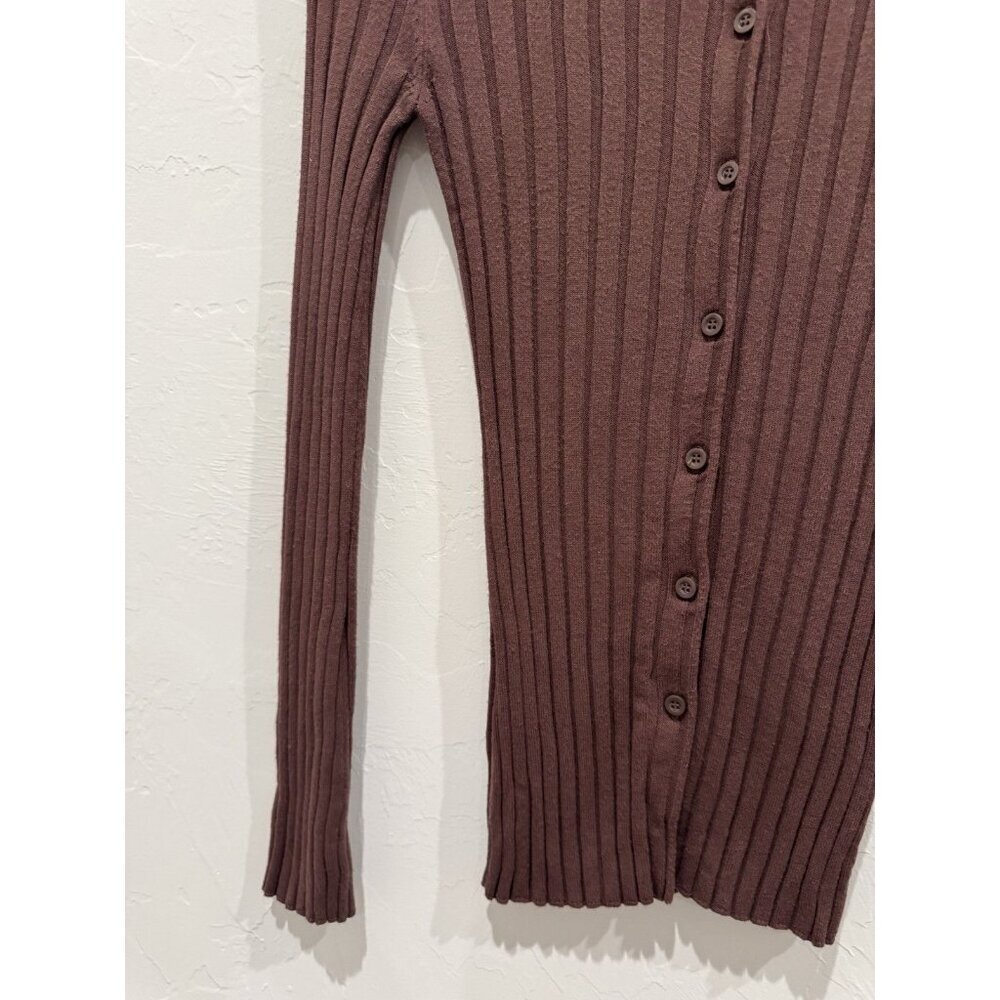 Open Edit Ribbed Button-Up Cardigan Chocolate Brown Size XXS - Picture 5 of 10
